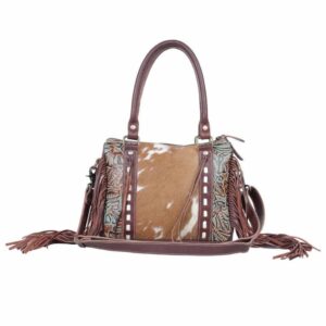 Myra Bag Maia Cowhide Purse - Western Style Purses for Women with Azure Embossed Leather and Brown & White Cowhide Design, Floral Tooled Accents and Fringes, Cow Hide Purse, Cowhide Purses for Women