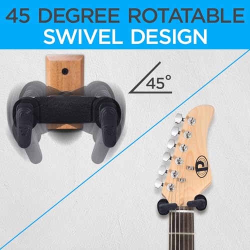 Pyle Guitar Wall Mount Hanger with Auto Lock, Universal Hook Holder with Sapele Hard Wood Base, 45 Degree Swivel, EVA Cushion for Electric and Acoustic Guitars