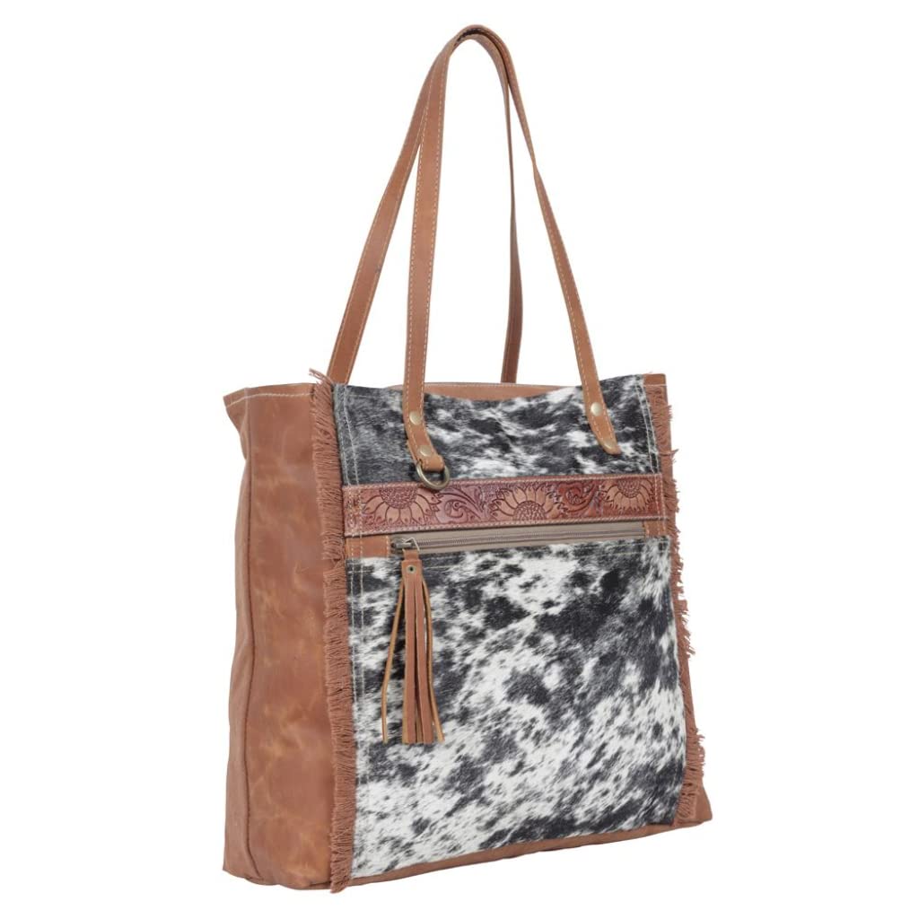 Myra Bag Cowhide Purse - Oakley Specks Cowhide Purses for Women with Floral Tooled Leather Accent, Cow Hide Purse and Canvas Tote, Cowhide Fringe Purse, Western Gifts for Women