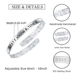 WOUOVO 925-Sterling-Silver Handmade Hammered Wide Cuff-Bangle-Bracelet - Inspirational Encouragement Mothers day Jewerly Gift for Women Grils Mom and Daughter (Best Fucking Bitches)