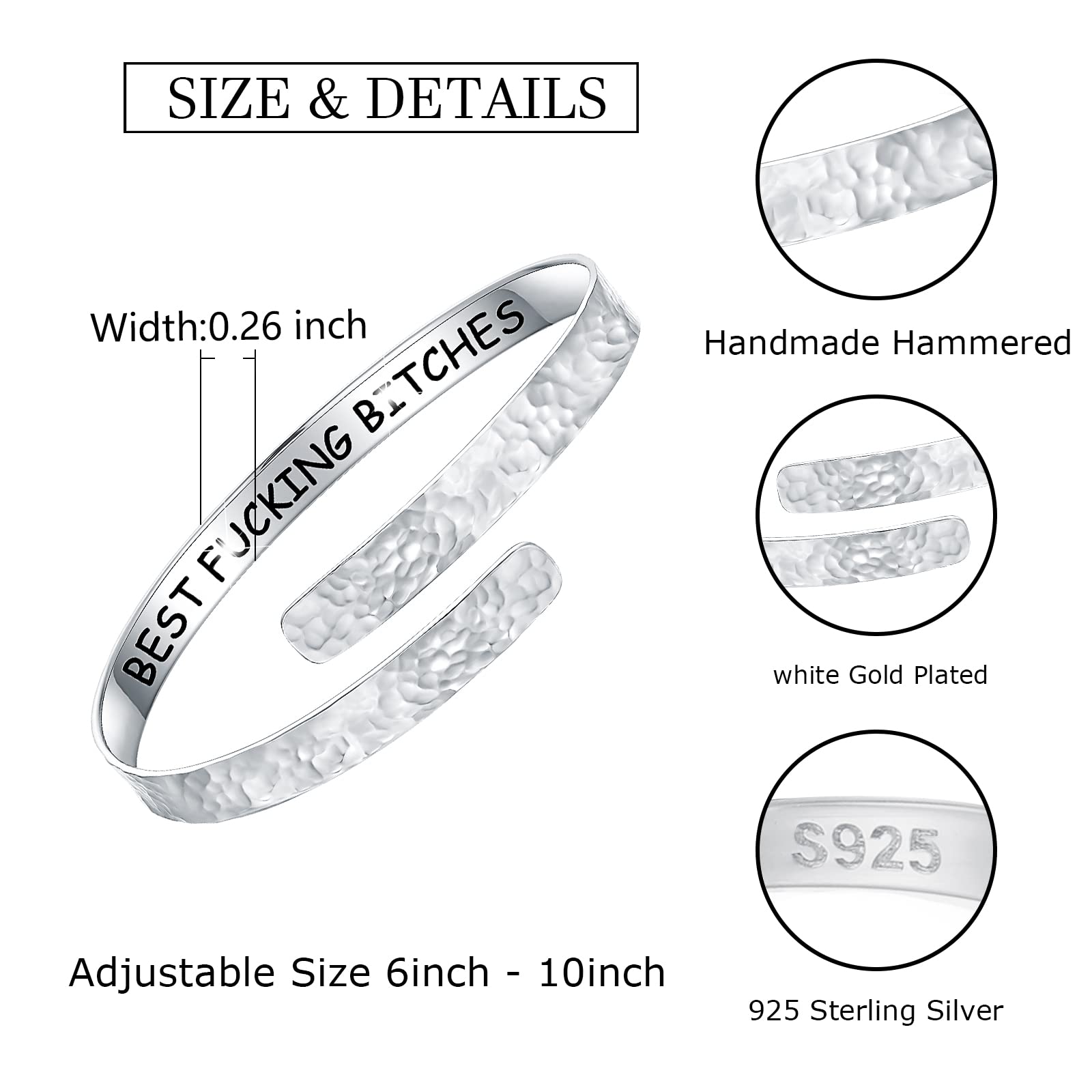 WOUOVO 925-Sterling-Silver Handmade Hammered Wide Cuff-Bangle-Bracelet - Inspirational Encouragement Mothers day Jewerly Gift for Women Grils Mom and Daughter (Best Fucking Bitches)