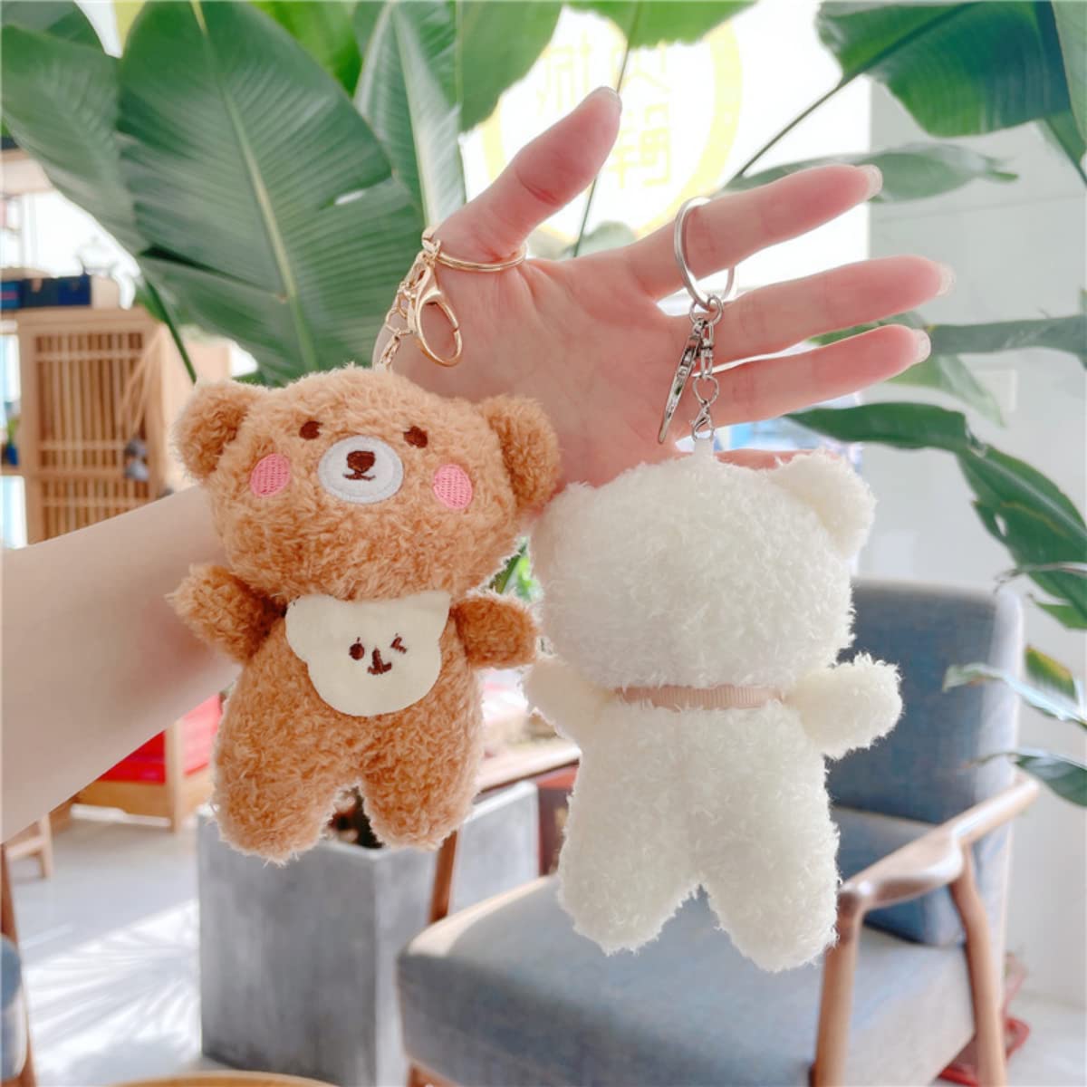 Attria 2Pcs Cute Plush Bears Keychain, Kawaii Fluffy Stuffed Animals Keyring Pendant, Furry Purse Handbag Charms