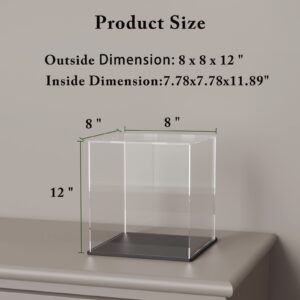 HEMYLU Acrylic Box with Matte Black Base, Simple Self-Assembly Clear Acrylic Display Case, Tall Dustproof Showcase with Lid for Collectibles, Toys and Trophy (8x8x12 inch)