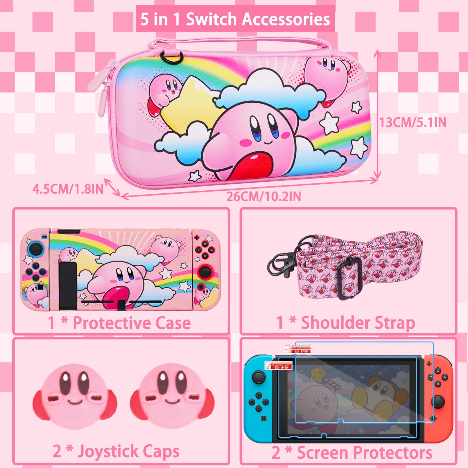 TIKOdirect Carrying Case for Nintendo Switch, Cute Portable Travel Bag in Newest Updated Design of Pink Interior with Soft Protective Case, Screen Protectors and Thumb Grip caps, Kirby