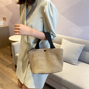 Beach Bag Straw Bags Hand-Woven Straw Bag, Straw Bag, Retro Fashion Woven Bag Handbag Straw Female Bag Lady Soft Bags Bags (Color : Black)