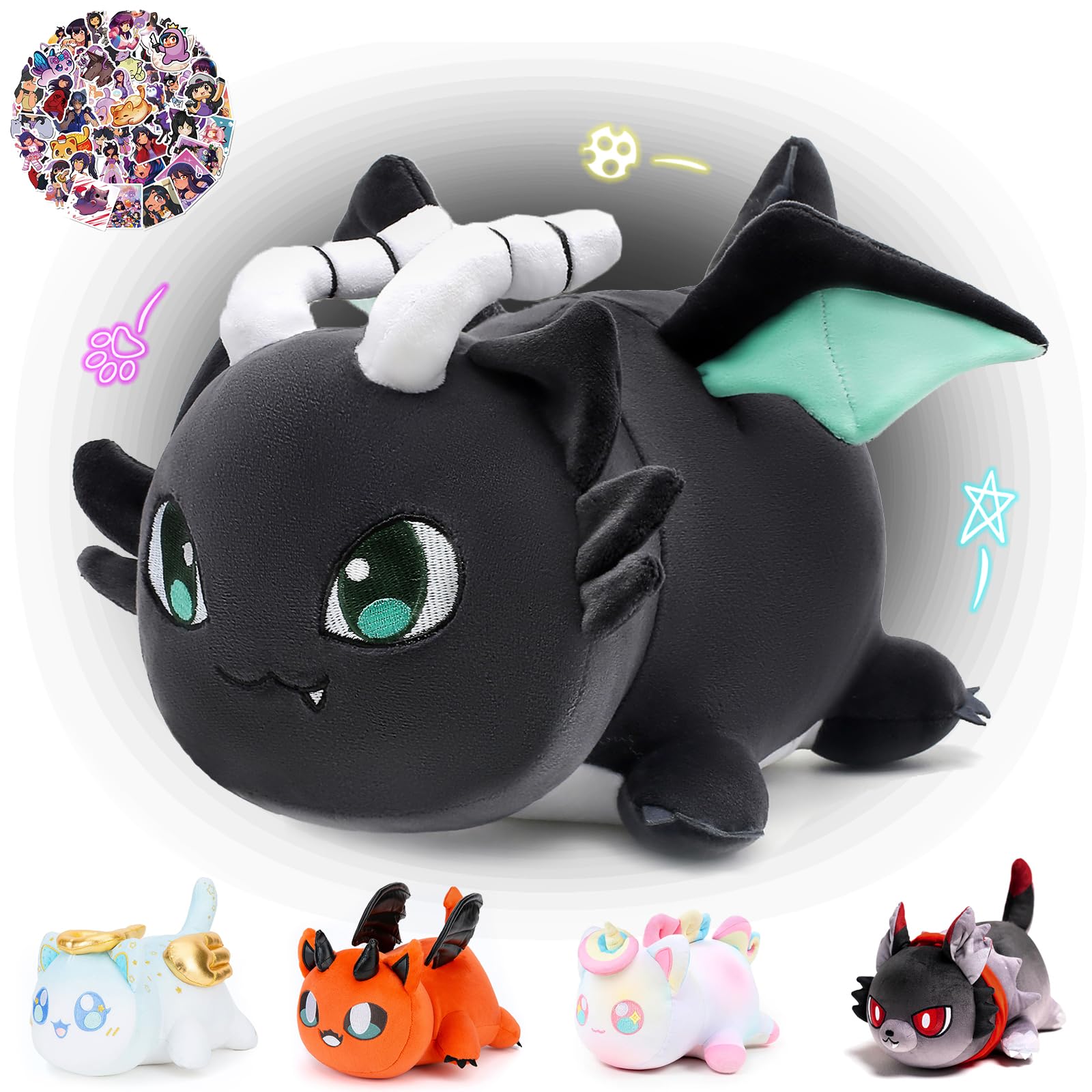 KOWSI 61-PCS 11-inches Dragon Cat Plush + 60-Sticker - Meemeows Popular Cat Plush Collection - 100% Polyester Plushie Pillow Embroidered - Soft Stuffed Animal Collectible (Dragon Cat)