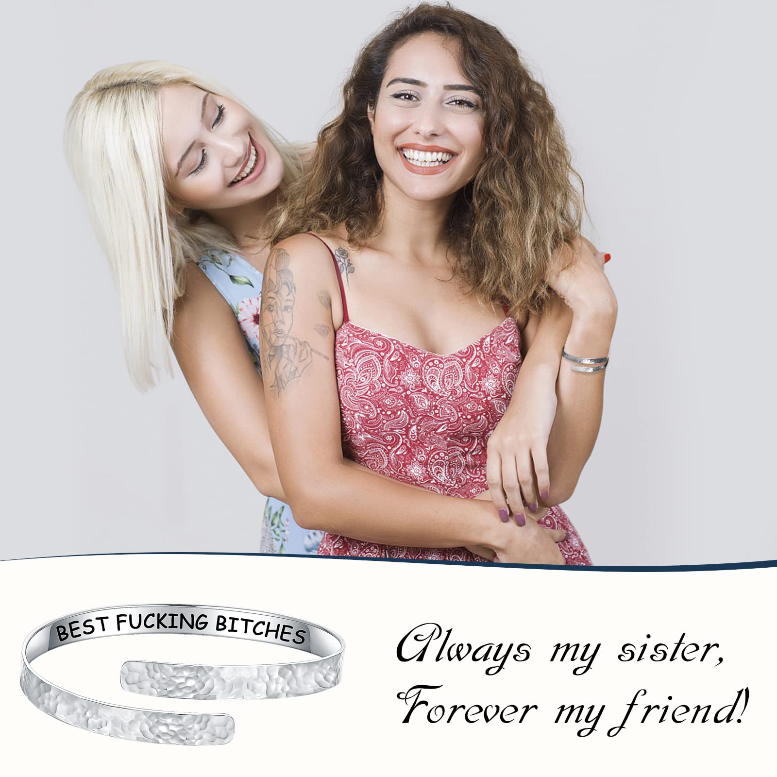 WOUOVO 925-Sterling-Silver Handmade Hammered Wide Cuff-Bangle-Bracelet - Inspirational Encouragement Mothers day Jewerly Gift for Women Grils Mom and Daughter (Best Fucking Bitches)