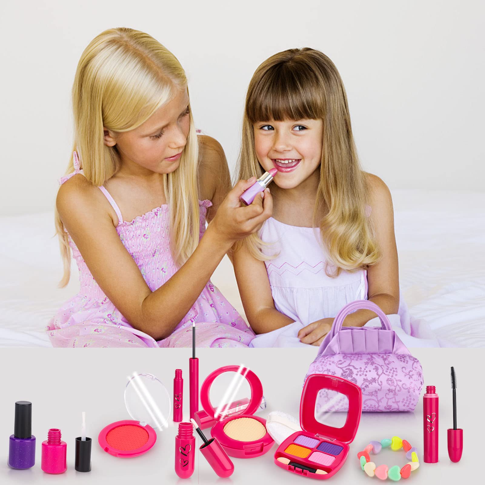 Pretend Makeup for Toddlers - BTEC Fake Makeup Set for Kids,Play Makeup Kit for Little Girls Age 2 3 4 5 6,Kids Makeup Kit for Girl with Princess Purse (24 Pack)