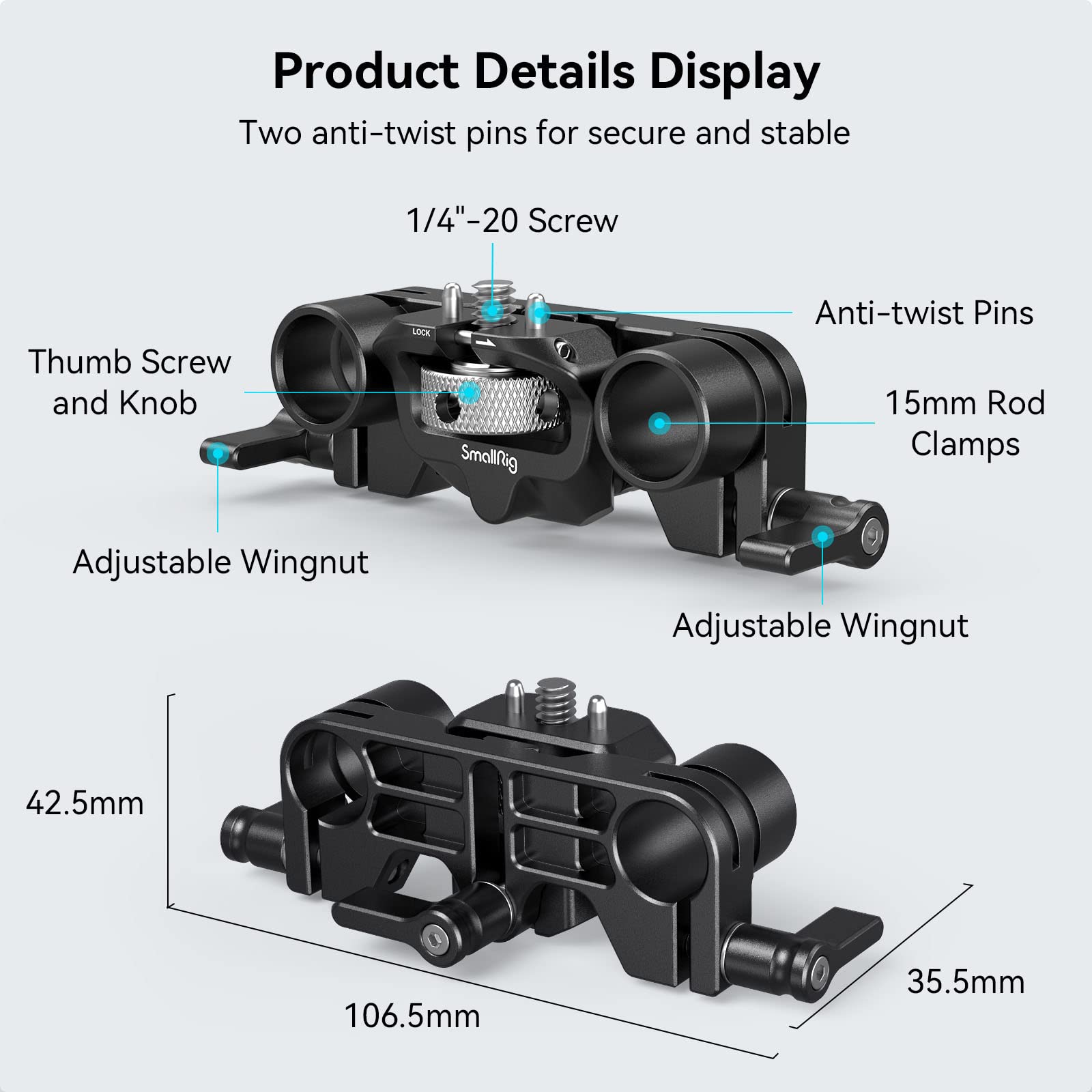 SMALLRIG 15mm LWS Rod Support, Ajustable and Anti-Twist Design, Compatible for SMALLRIG 3196/3680/ 3556/3641/ 3645 Matte Box to Rail Support System, 15mm Dual Rod Clamp - 3652