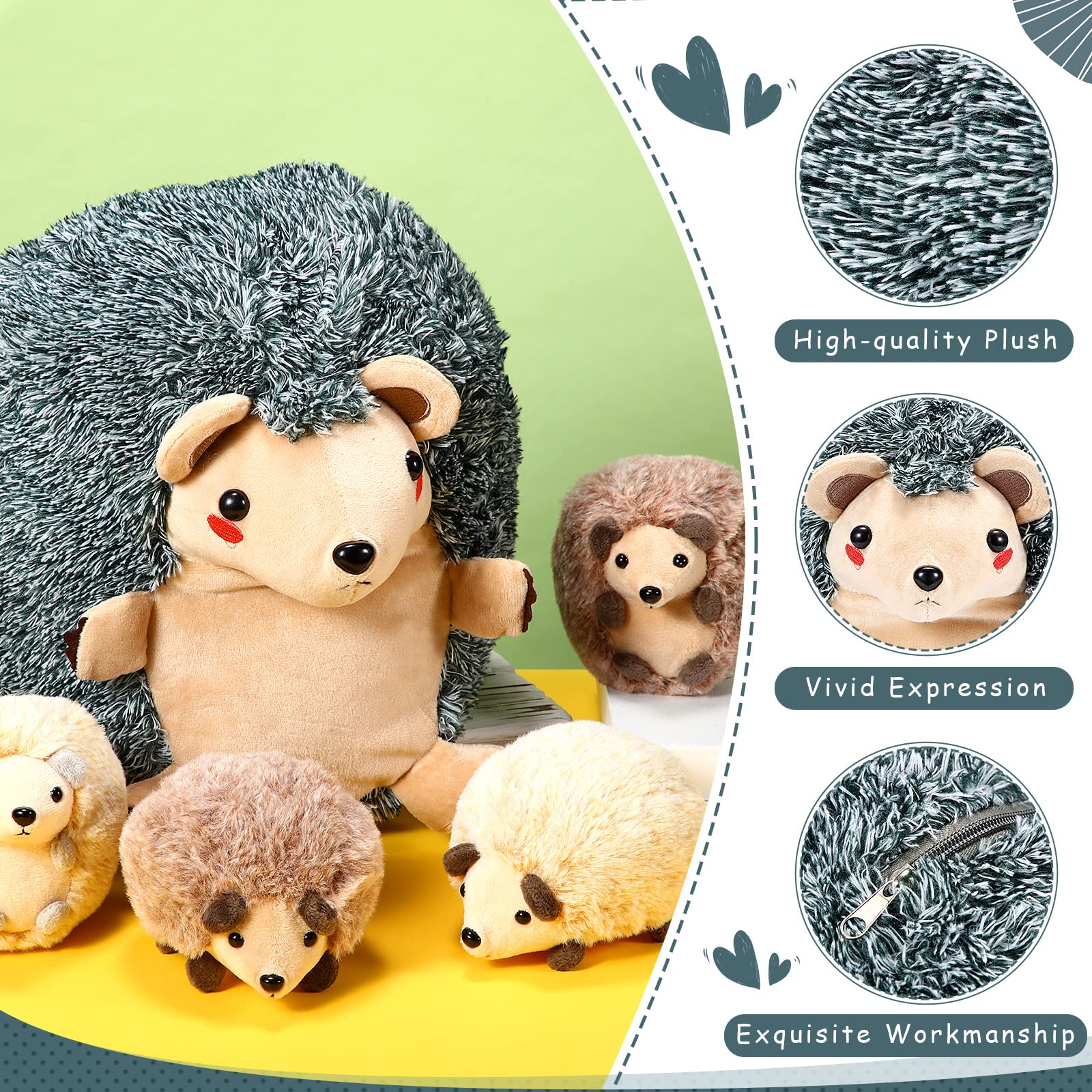 5 Pieces Hedgehog Stuffed Plush Toy Set 1 Mommy Hedgehog Stuffed Animal with 4 Cute Plush Baby Hedgehogs in Her Tummy 14 Inch Soft Cuddly Plushie Set for Boys and Girls Birthday Gifts Party Favors