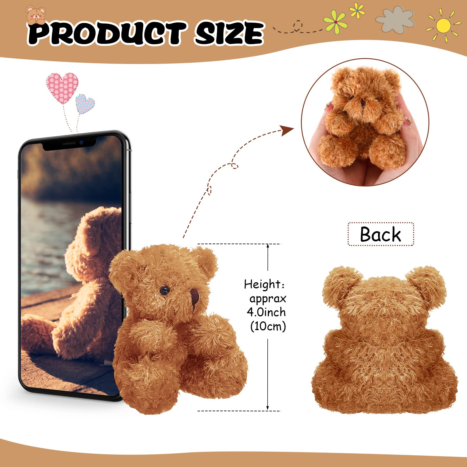 HyDren 24 Pcs 4 Inch Mini Stuffed Bear Animals Valentines Day Gift Mini Plush Bears Small Stuffed Bear Plush Cute Fuzzy Bears Plush Toys for Wedding Gift Box Birthday Supplies(Brown)