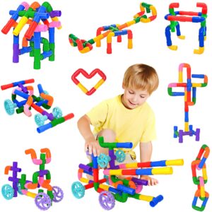 FUBAODA STEM Learning Pipe Tube Toys, Tube Locks Construction Building Blocks 96 Pcs - Multicolor Educational Building Blocks Set with Wheels& Spouts & Joints for Kids Ages 3+