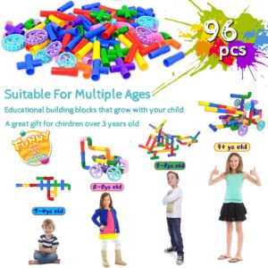 FUBAODA STEM Learning Pipe Tube Toys, Tube Locks Construction Building Blocks 96 Pcs - Multicolor Educational Building Blocks Set with Wheels& Spouts & Joints for Kids Ages 3+