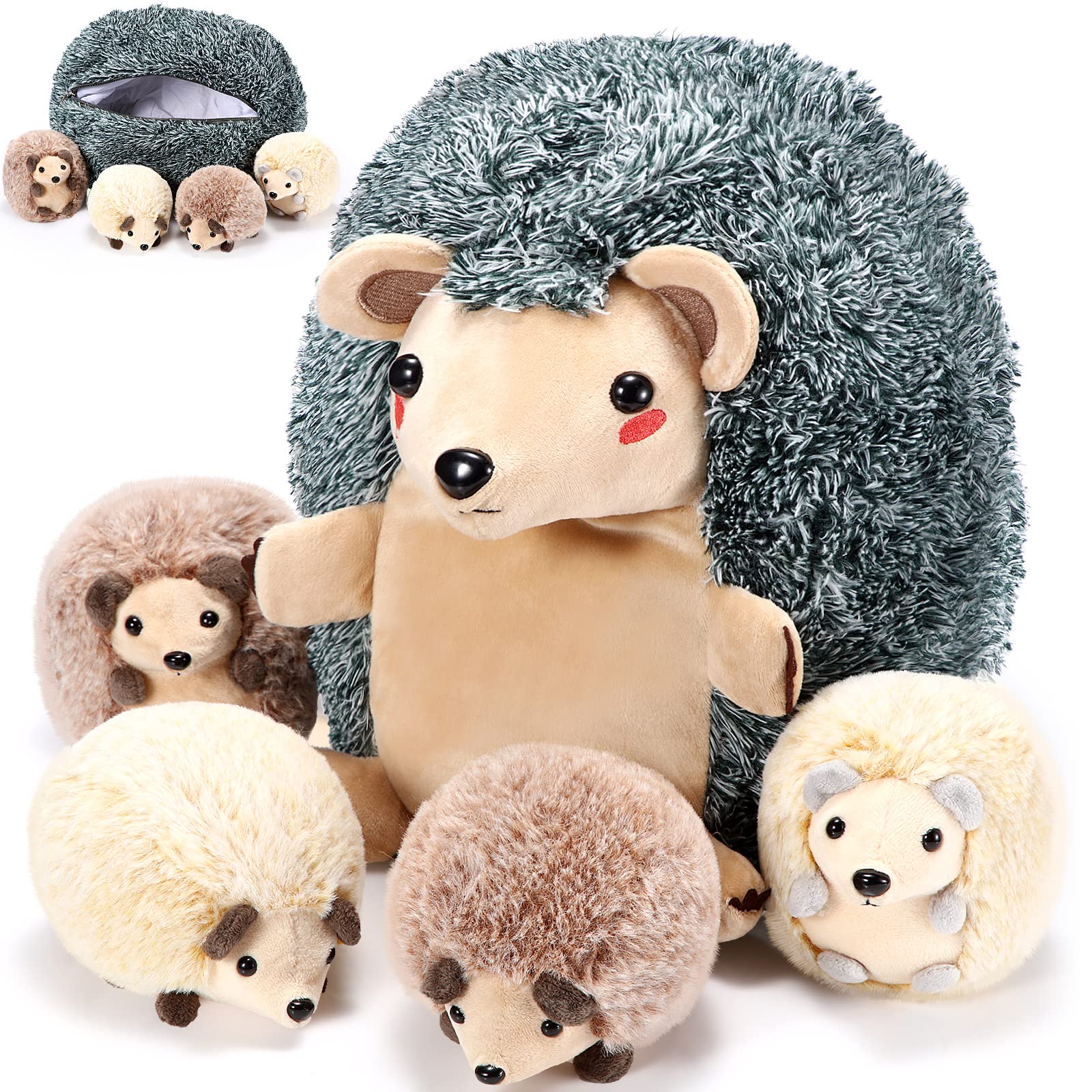 5 Pieces Hedgehog Stuffed Plush Toy Set 1 Mommy Hedgehog Stuffed Animal with 4 Cute Plush Baby Hedgehogs in Her Tummy 14 Inch Soft Cuddly Plushie Set for Boys and Girls Birthday Gifts Party Favors