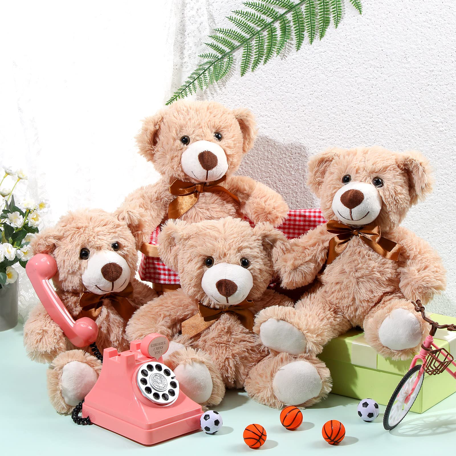 Civaner 4 Pack 14 Inches Christmas Bear Plush Stuffed Animals Cute Soft Bears Bulk for Girls Boys Girlfriend (Light Brown)