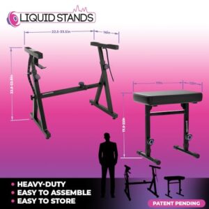 Liquid Stands Piano Keyboard Stand and Bench Set - Portable Heavy Duty Digital Piano Stand for 54-88 Key Electric Pianos & Adjustable Piano Bench, Chair, Stool - Sturdy Keyboard Music Stand and Seat