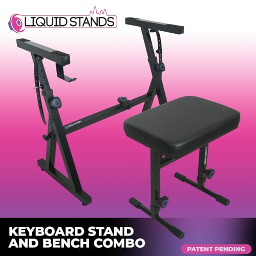 Liquid Stands Piano Keyboard Stand and Bench Set - Portable Heavy Duty Digital Piano Stand for 54-88 Key Electric Pianos & Adjustable Piano Bench, Chair, Stool - Sturdy Keyboard Music Stand and Seat