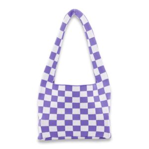 Dvagoent Checkered Bags for Women, Checkered Purse, Checkerboard Tote Bag, Plaid Tote Handbag, Versatile Street Fashion Bag (purple white)