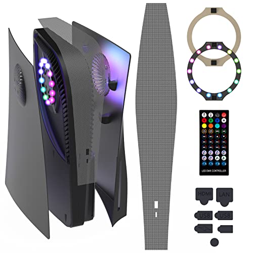 Face Plates for PS5 Console + RGB LED Light Strip + Dust Cover Net, Playstation 5 Kit with Fan Vents Faceplate Shockproof ABS Shell, Pets Hair Anti-dust Cover, 8 Colors RGB LED Light Ring. (Black)