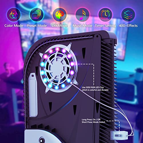 Face Plates for PS5 Console + RGB LED Light Strip + Dust Cover Net, Playstation 5 Kit with Fan Vents Faceplate Shockproof ABS Shell, Pets Hair Anti-dust Cover, 8 Colors RGB LED Light Ring. (Black)