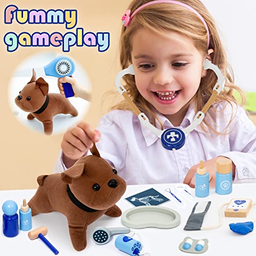 UMU Doctor Kit for Kids, Wooden Pretend Play 37 Pcs Pet Care Play Set Doctor Playset for Toddlers, Montessori Toys Dentist Kit for 3-8 Years Old Boys and Girls