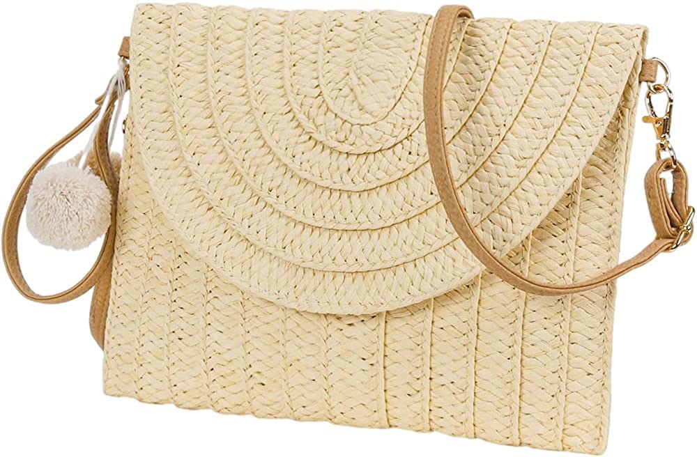 WILDAURORA Straw Shoulder Bag Straw Clutch Women Hand-woven PomPom Straw Crossbody Bag Summer Beach Envelope Purse Wallet