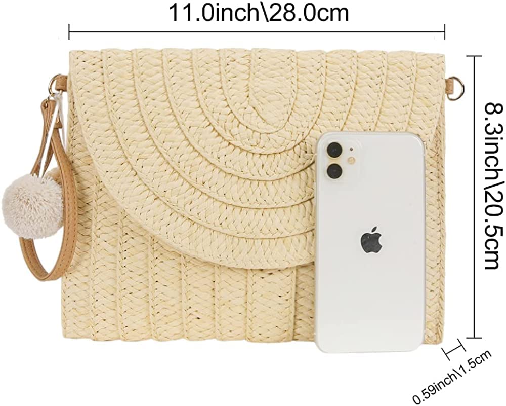 WILDAURORA Straw Shoulder Bag Straw Clutch Women Hand-woven PomPom Straw Crossbody Bag Summer Beach Envelope Purse Wallet