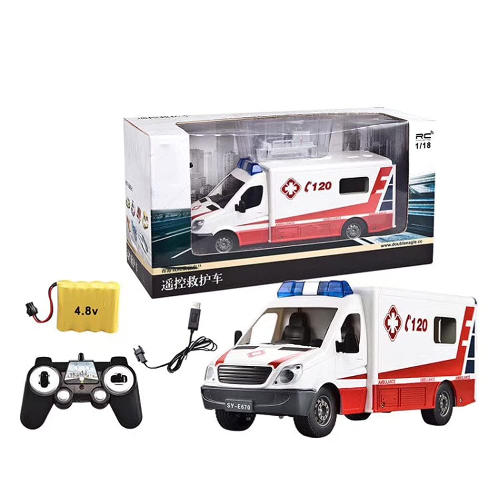 QAQQVQ RC Remote Control Ambulance 2.4G Emergency Fire Rescue Vehicle Electric Mechanical Car Simulation Ambulance Light Manually Open and Close The Back Door/Side Door Boy Toy Car Child Gift