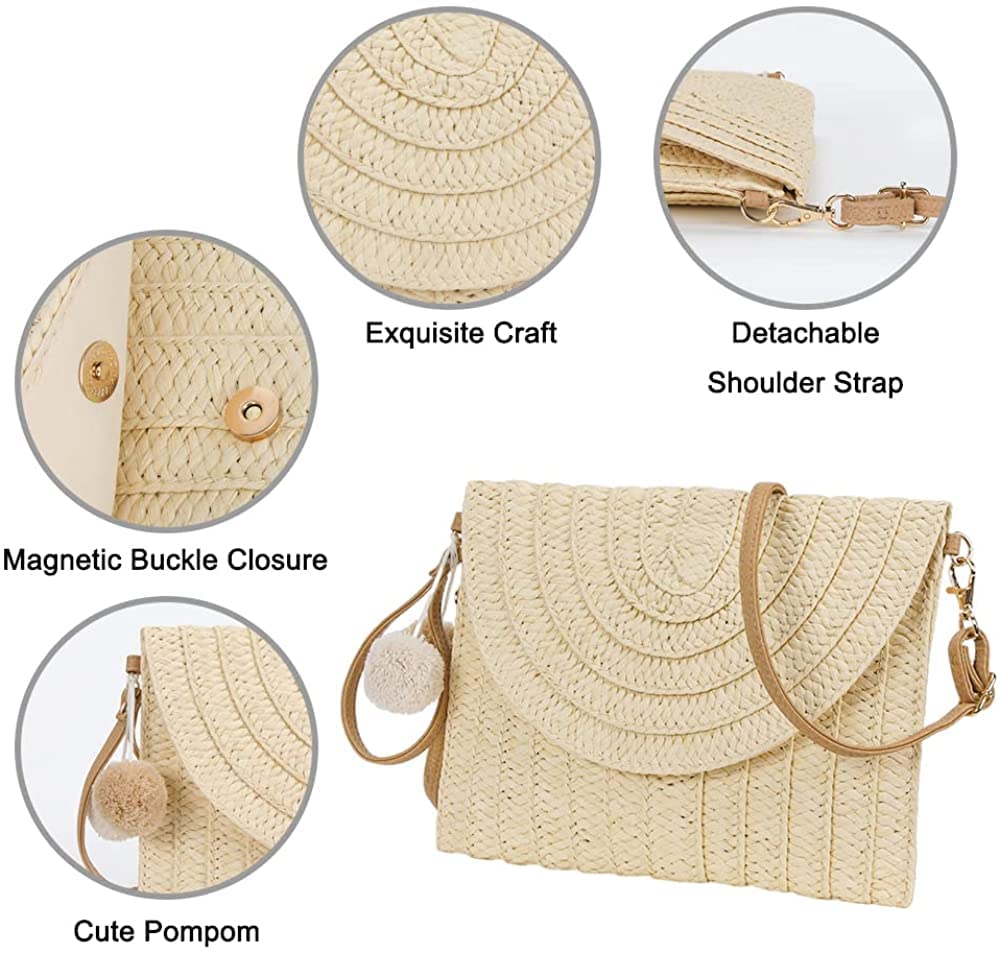 WILDAURORA Straw Shoulder Bag Straw Clutch Women Hand-woven PomPom Straw Crossbody Bag Summer Beach Envelope Purse Wallet