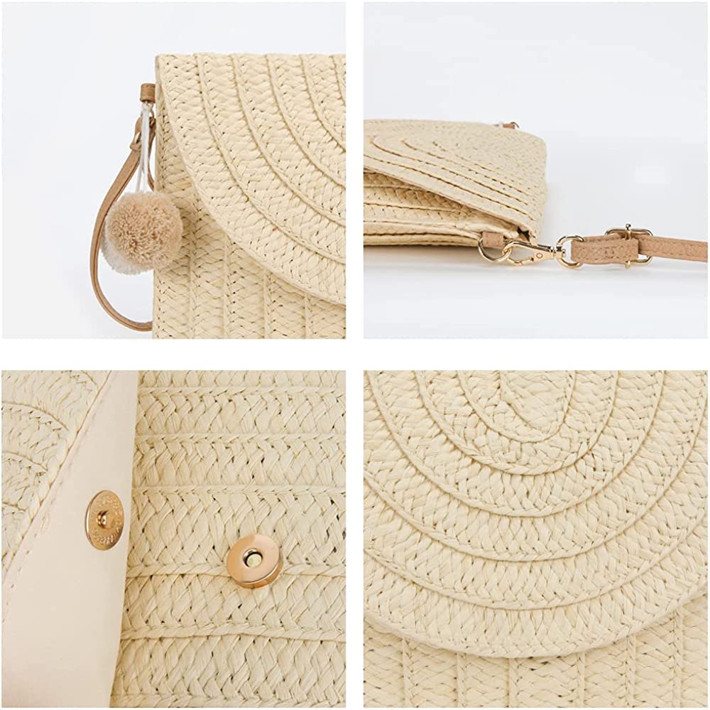 WILDAURORA Straw Shoulder Bag Straw Clutch Women Hand-woven PomPom Straw Crossbody Bag Summer Beach Envelope Purse Wallet