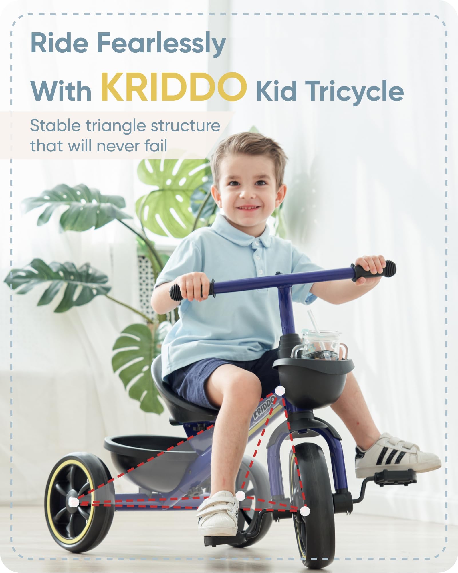 KRIDDO Kids Tricycles Age 24 Month to 4 Years, Toddler Kids Trike for 2.5 to 5 Year Old, Gift Toddler Tricycles for 2-4 Year Olds, Trikes for Toddlers, Blue