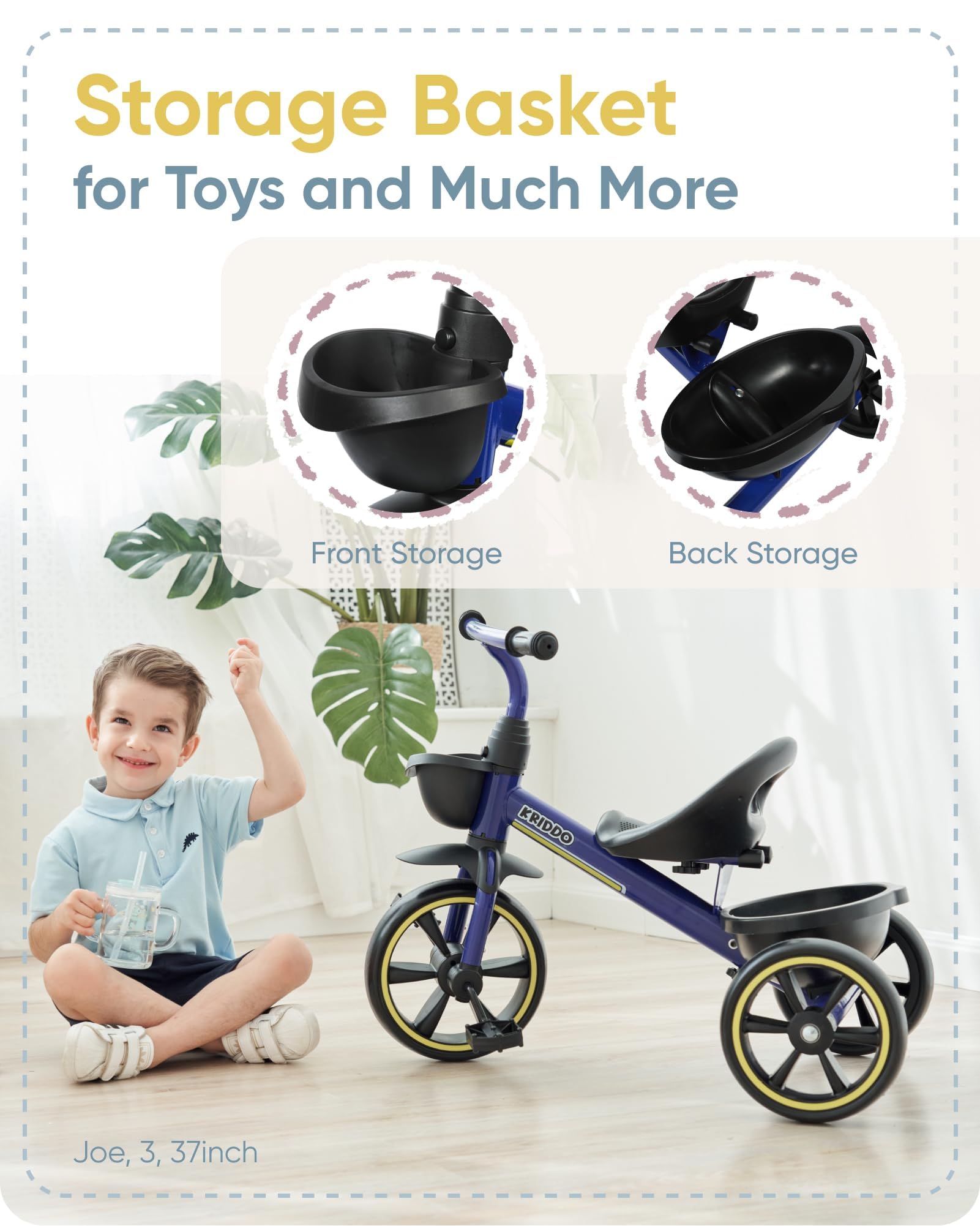 KRIDDO Kids Tricycles Age 24 Month to 4 Years, Toddler Kids Trike for 2.5 to 5 Year Old, Gift Toddler Tricycles for 2-4 Year Olds, Trikes for Toddlers, Blue