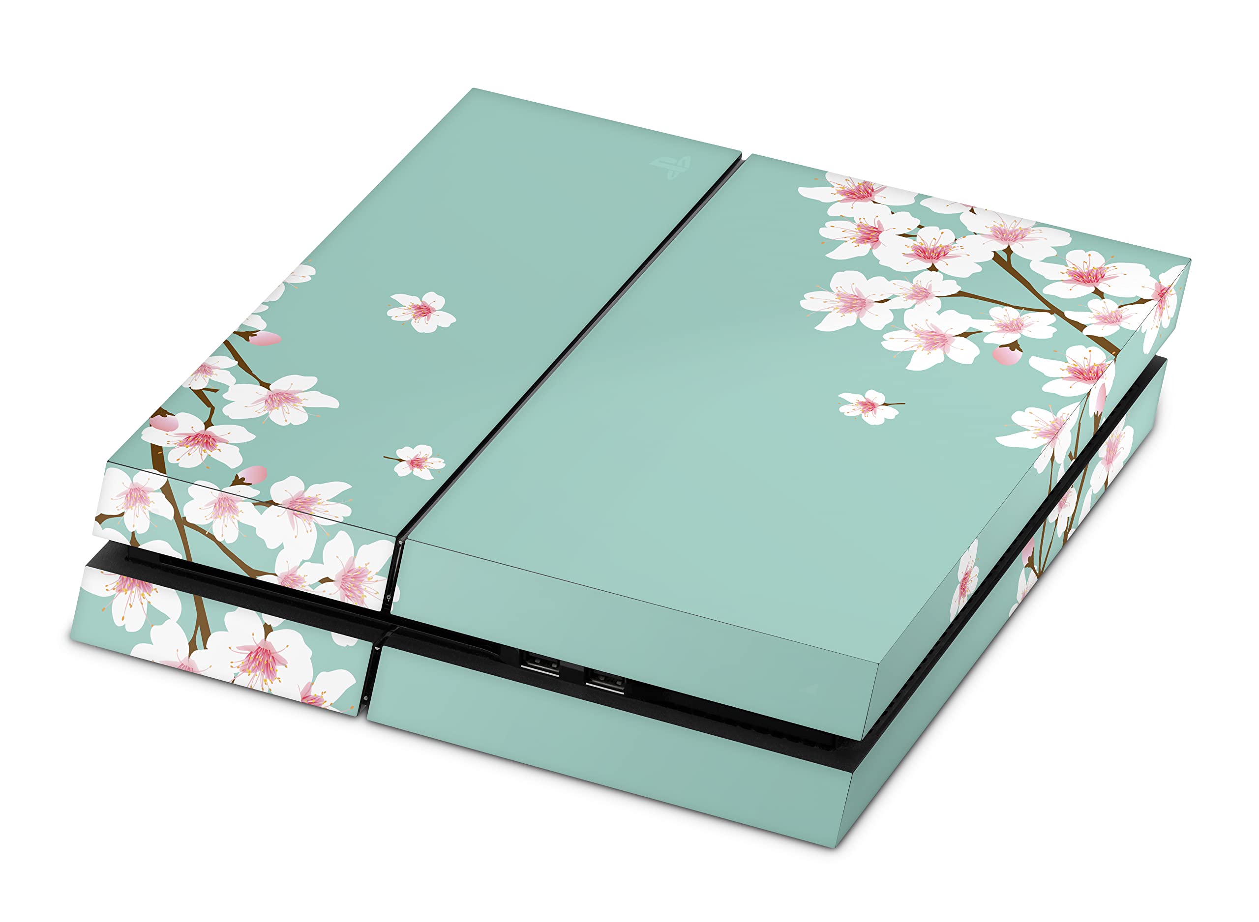 ZOOMHITSKINS Compatible with PS4 Skin, Compatible for Playstation 4, Aqua Sakura Japanese Cherry Blossom Mint Green Flowers, 1 PS4 Console Skin, Easy to Install, 3M Vinyl Decal, Made in The USA