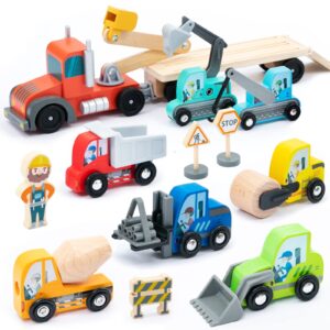 umu construction toy cars 14 pcs wooden kids mini vehicles for toddlers, compatible to thomas train toys railway and major brands, best for 3 to 5 year old boys and girls