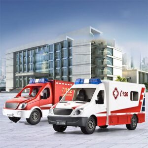 QAQQVQ RC Remote Control Ambulance 2.4G Emergency Fire Rescue Vehicle Electric Mechanical Car Simulation Ambulance Light Manually Open and Close The Back Door/Side Door Boy Toy Car Child Gift