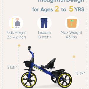 KRIDDO Kids Tricycles Age 24 Month to 4 Years, Toddler Kids Trike for 2.5 to 5 Year Old, Gift Toddler Tricycles for 2-4 Year Olds, Trikes for Toddlers, Blue