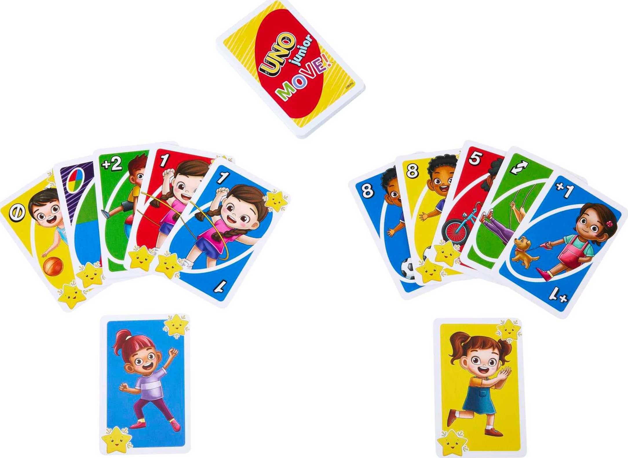 Mattel Games ​UNO Junior Move! Card Game for Kids with Active Play, Simple Rules, 3 Levels of Play and Matching