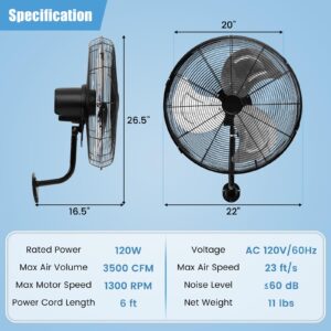 Tangkula 20 Inch Wall Mount Fan with Aluminum Fan Blades, Industrial 3-Speed Oscillating Metal Wall Fan, Heavy Duty Wall Mount Fan for Shop, Commercial, Garage, Warehouse, Workshops & Factory