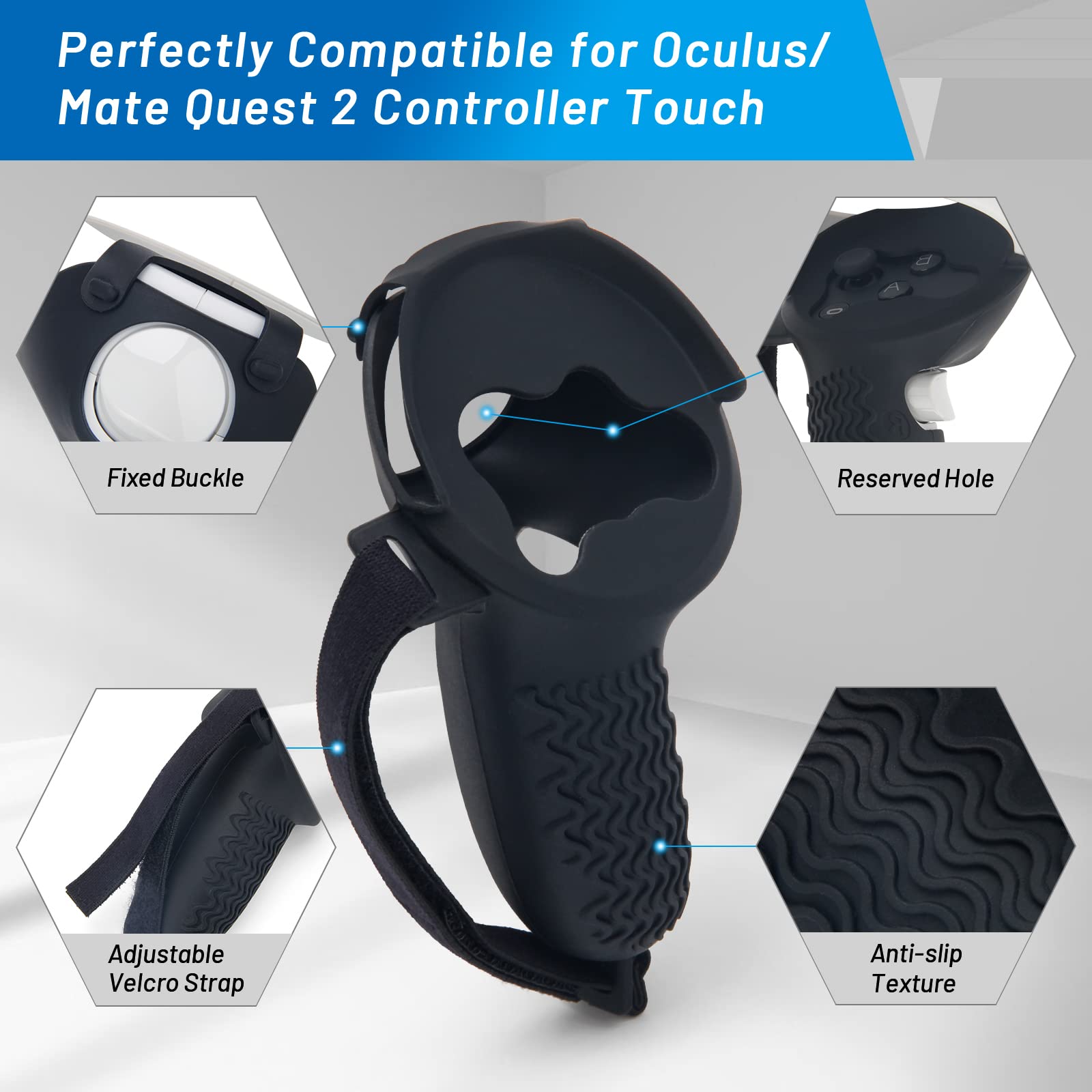 Controller Grips Cover for Oculus/Meta Quest 2, Pletpet Anti-Throw Handle Cover with Adjustable Straps for Oculus Quest 2 Accessories Black Silicone Soft Handle Protective Sleeve (FOR Oculus Quest 2)