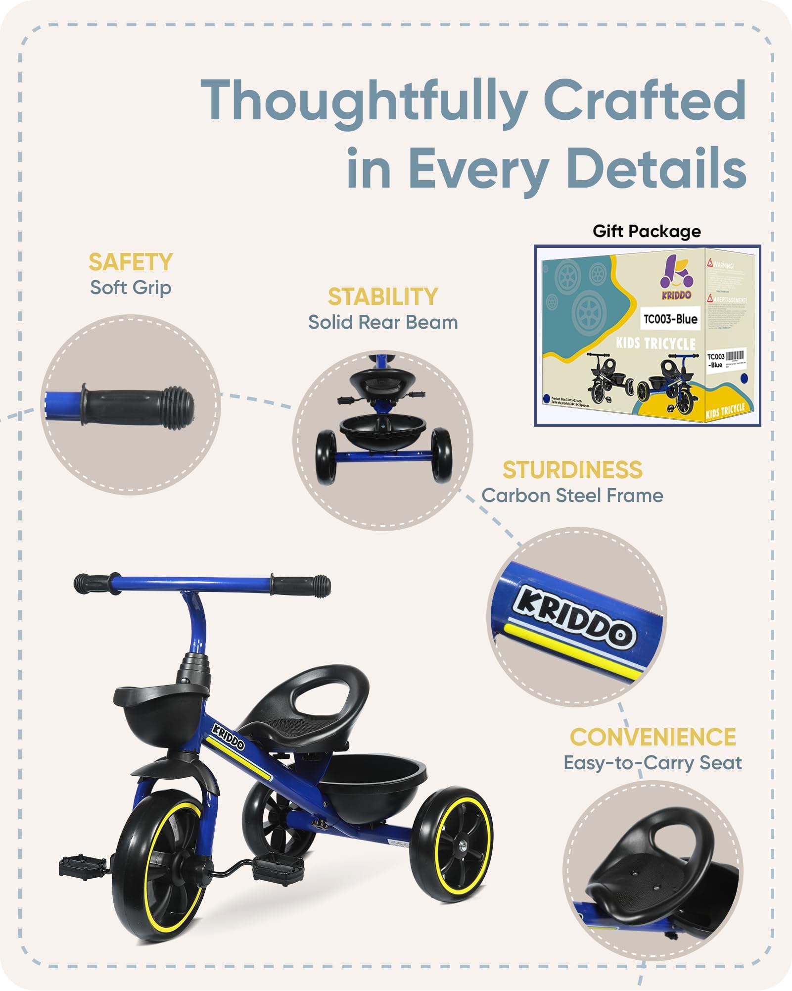 KRIDDO Kids Tricycles Age 24 Month to 4 Years, Toddler Kids Trike for 2.5 to 5 Year Old, Gift Toddler Tricycles for 2-4 Year Olds, Trikes for Toddlers, Blue