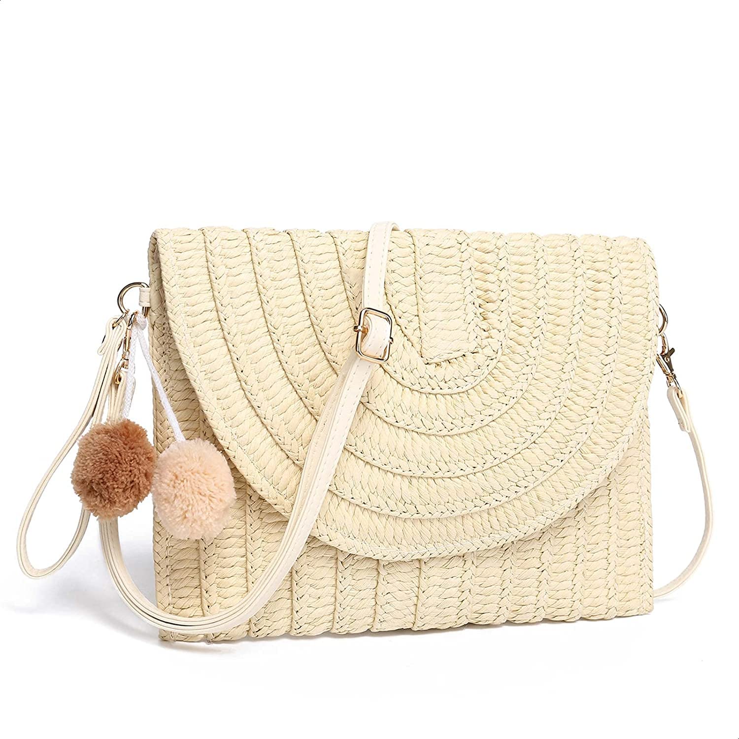 WILDAURORA Straw Shoulder Bag Straw Clutch Women Hand-woven PomPom Straw Crossbody Bag Summer Beach Envelope Purse Wallet