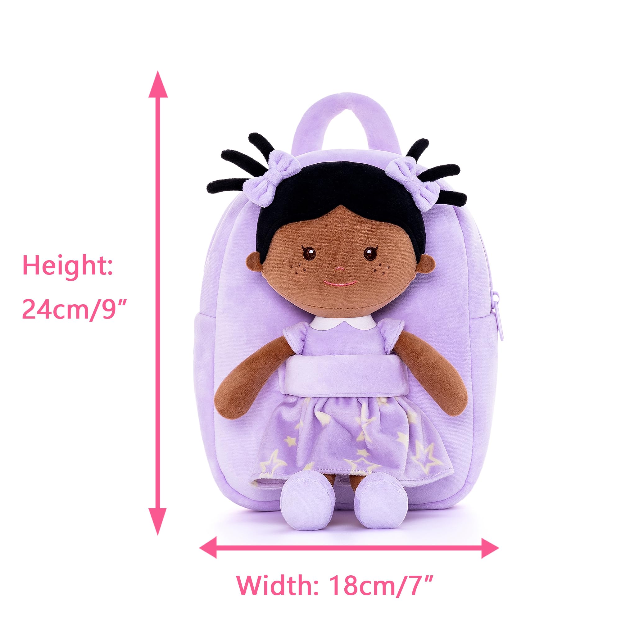 Onetoo Toddler Kids Backpack with Soft Tanned Baby Dolls in Purple Star Dress 9.5"