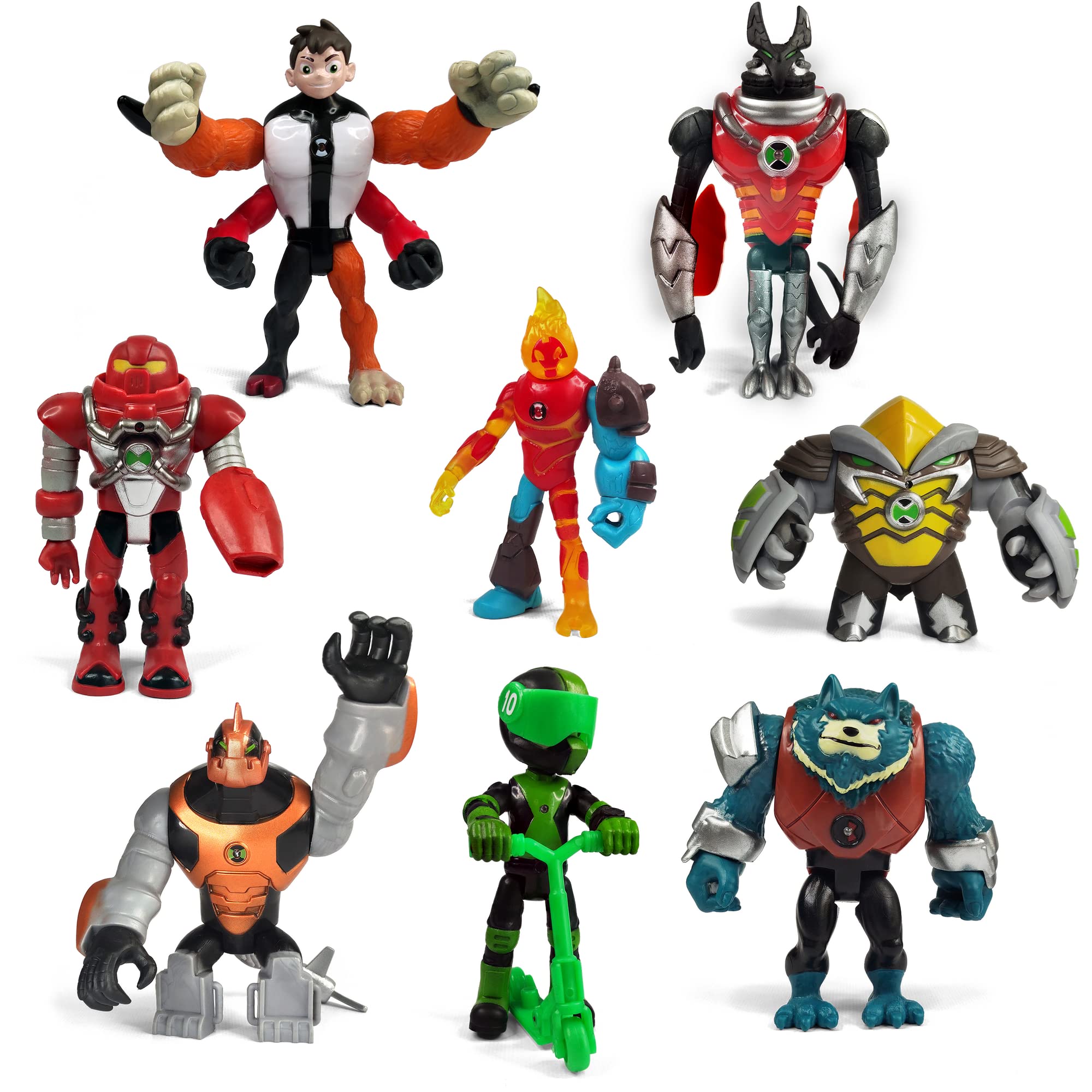 Toysvill Protector of Earth Action Figures - 8 Figurines Set (Four Arms, Jetray, Overflow, Heatblast, Armored Cannonbolt, Humungousaur, Ben Tennyson, Bashmouth)