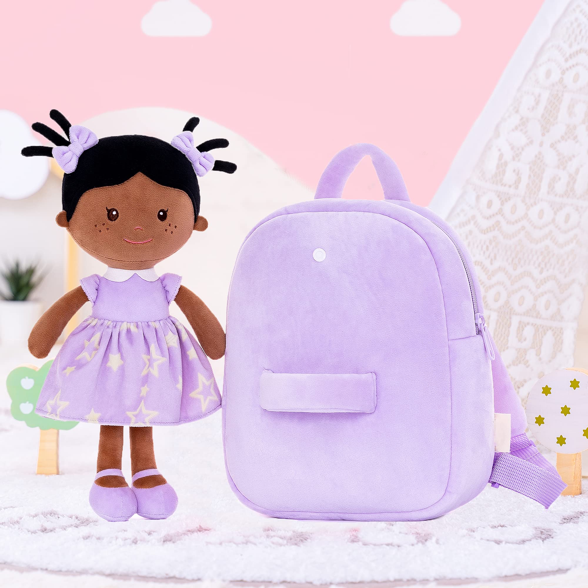 Onetoo Toddler Kids Backpack with Soft Tanned Baby Dolls in Purple Star Dress 9.5"