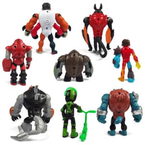 Toysvill Protector of Earth Action Figures - 8 Figurines Set (Four Arms, Jetray, Overflow, Heatblast, Armored Cannonbolt, Humungousaur, Ben Tennyson, Bashmouth)