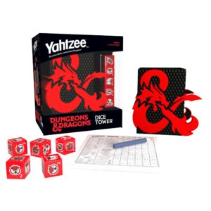 yahtzee: dungeons & dragons | collectible dice tower | dice featuring dragon, owl bear, gelatinous cube, mimic, mind flayer, and beholder | officially-licensed dungeons & dragons game & merchandise