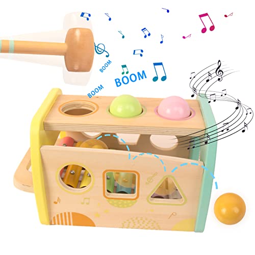 WOODENFUN Hammering Pounding Toys Wooden Educational Toy Xylophone Shape Sorter, Birthday Gift for 1 2 3 Years Boys Girls Baby Toddler Kids Developmental Montessori Learning Toy (Yellow)