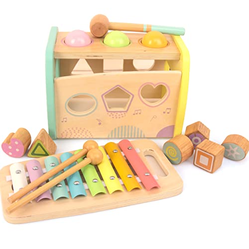 WOODENFUN Hammering Pounding Toys Wooden Educational Toy Xylophone Shape Sorter, Birthday Gift for 1 2 3 Years Boys Girls Baby Toddler Kids Developmental Montessori Learning Toy (Yellow)