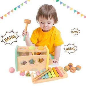 WOODENFUN Hammering Pounding Toys Wooden Educational Toy Xylophone Shape Sorter, Birthday Gift for 1 2 3 Years Boys Girls Baby Toddler Kids Developmental Montessori Learning Toy (Yellow)