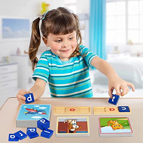 Learning Toys for 3 4 5 Years Old Kids - 116Pcs Short Vowel Letters Sorting Spelling Reading Toy Set with Double-Sided Flash Cards, Preschool Kindergarten Learning Activities Toy for Boys Girls